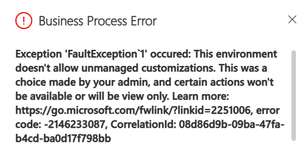 Business Process Error describing the exception occurred.